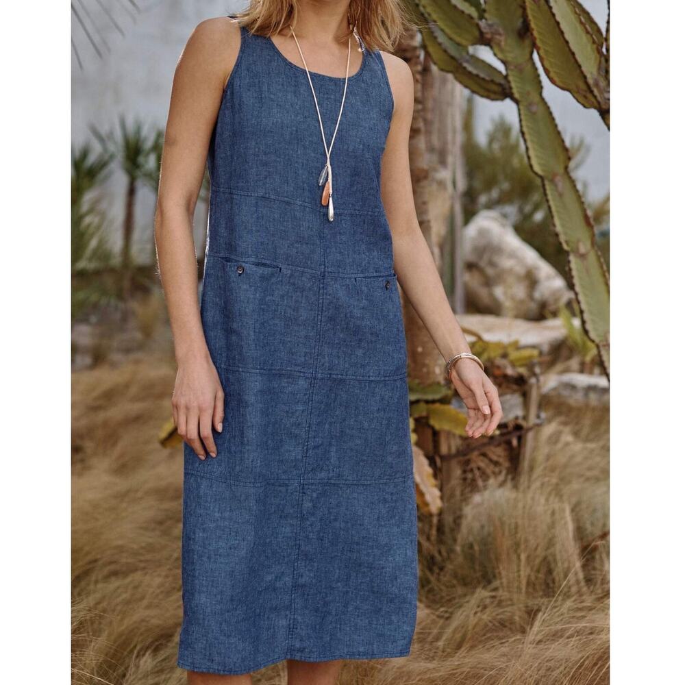 Pure Jill J.Jill Linen Shift Dress Seamed Sleeveless Sz XS Petite Blue Chambray